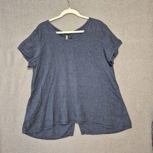 Flax Women's 100% Linen Short Sleeve Back Button Accents Blossom Blouse M